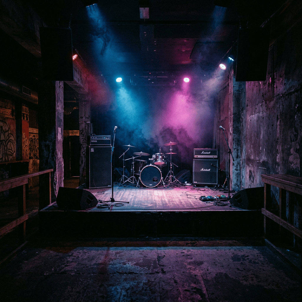 Empty concert stage with drum kit, microphones, amplifiers, and colorful lighting